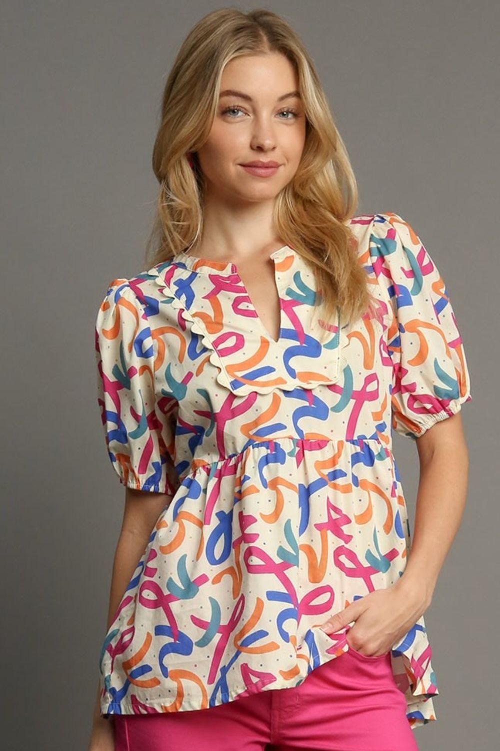 Umgee Full Size Mixed Print Puff Sleeve Babydoll Blouse Plus Size - LaTezza Online Shop