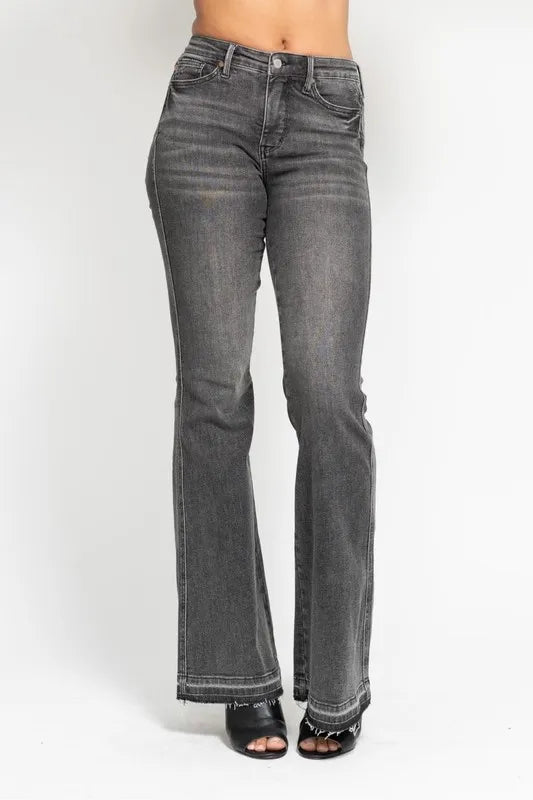 Judy Blue Full Size Mid Rise Tummy Control Washed Gray Release Hem Flare Jeans Plus Size - LaTezza Online Shop