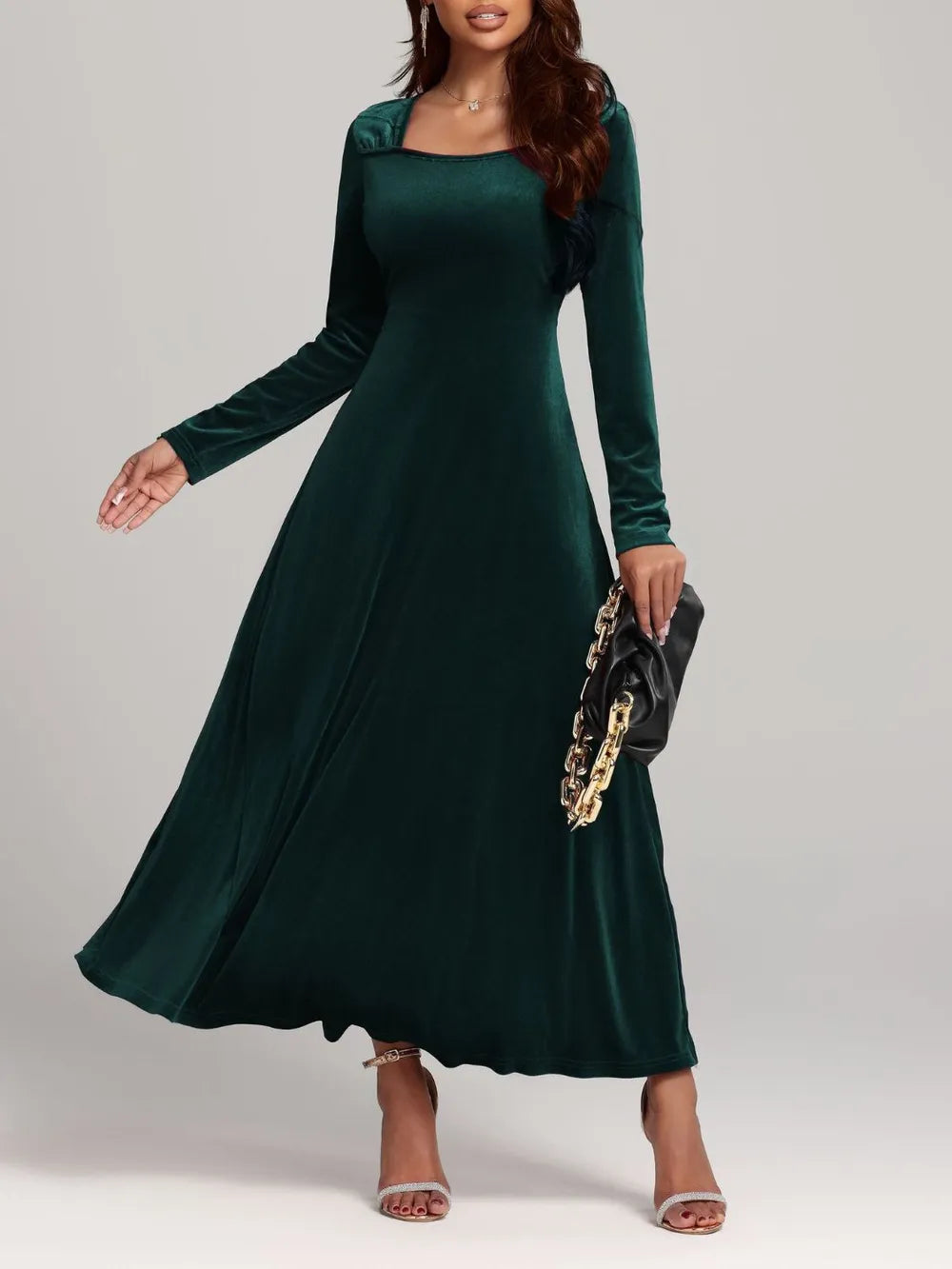 Square Neck Long Sleeve Velvet Dress - LaTezza Online Shop