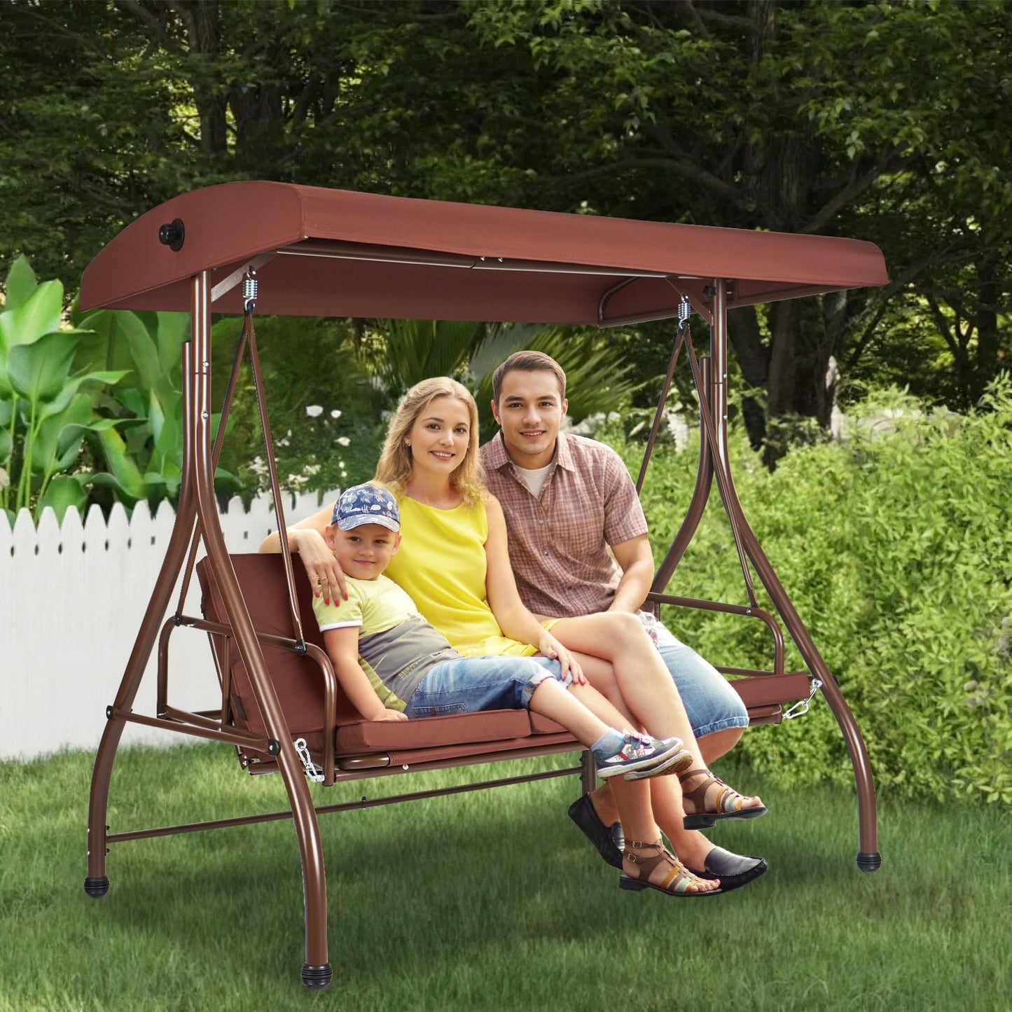VEVOR 3-Seat Patio Swing Chair, Converting Canopy Swing, Outdoor Patio Porch With Adjustable Canopy, Removable Thick Cushion And Alloy Steel Frame, For Balcony, Backyard, Poolside, Brown - LaTezza Online Shop