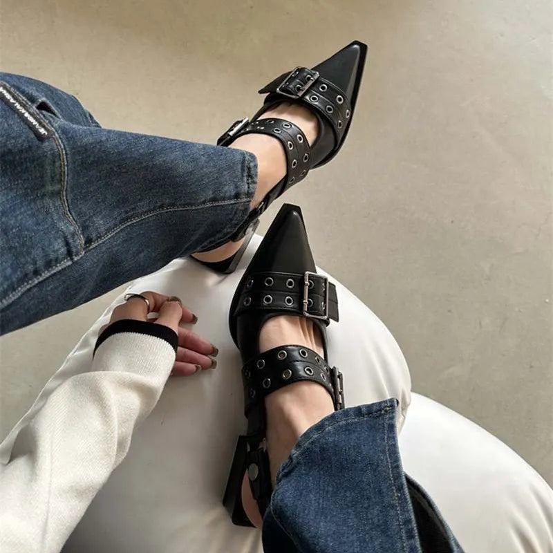 Square Toe Flats Loafers Point Toe Eyelet Buckle Slip-Ons - LaTezza Online Shop