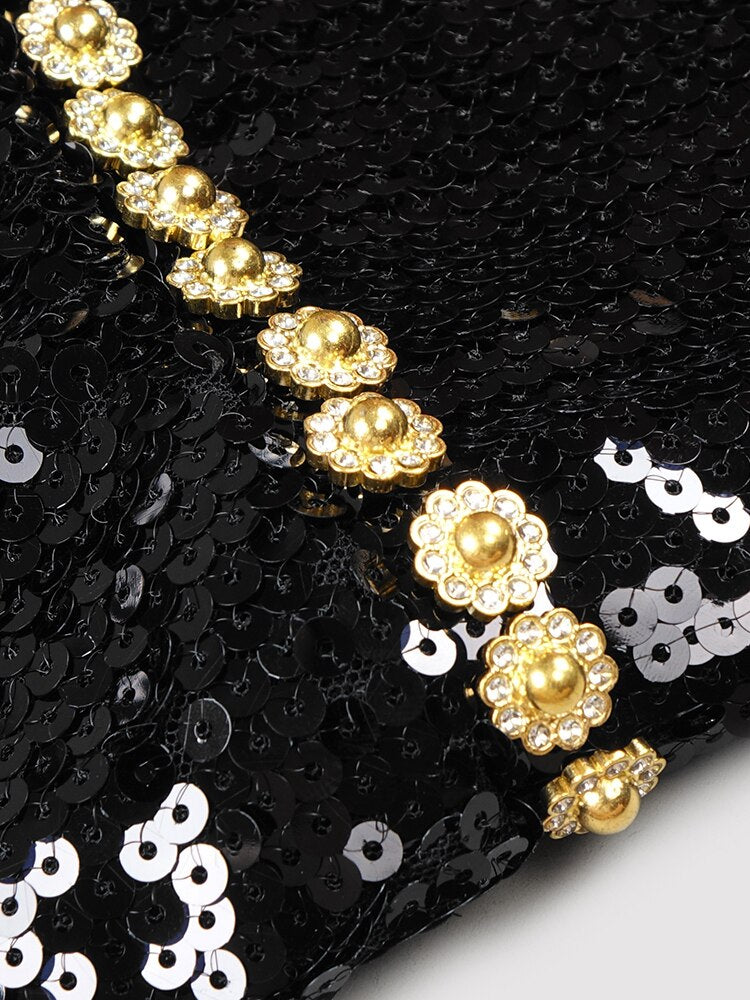Black Evening Dinner Dress Women Elegant Square Collar Crystal Sequins Spaghetti Strap Dresses - LaTezza Online Shop