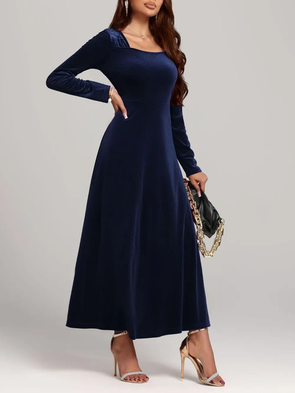 Square Neck Long Sleeve Velvet Dress - LaTezza Online Shop