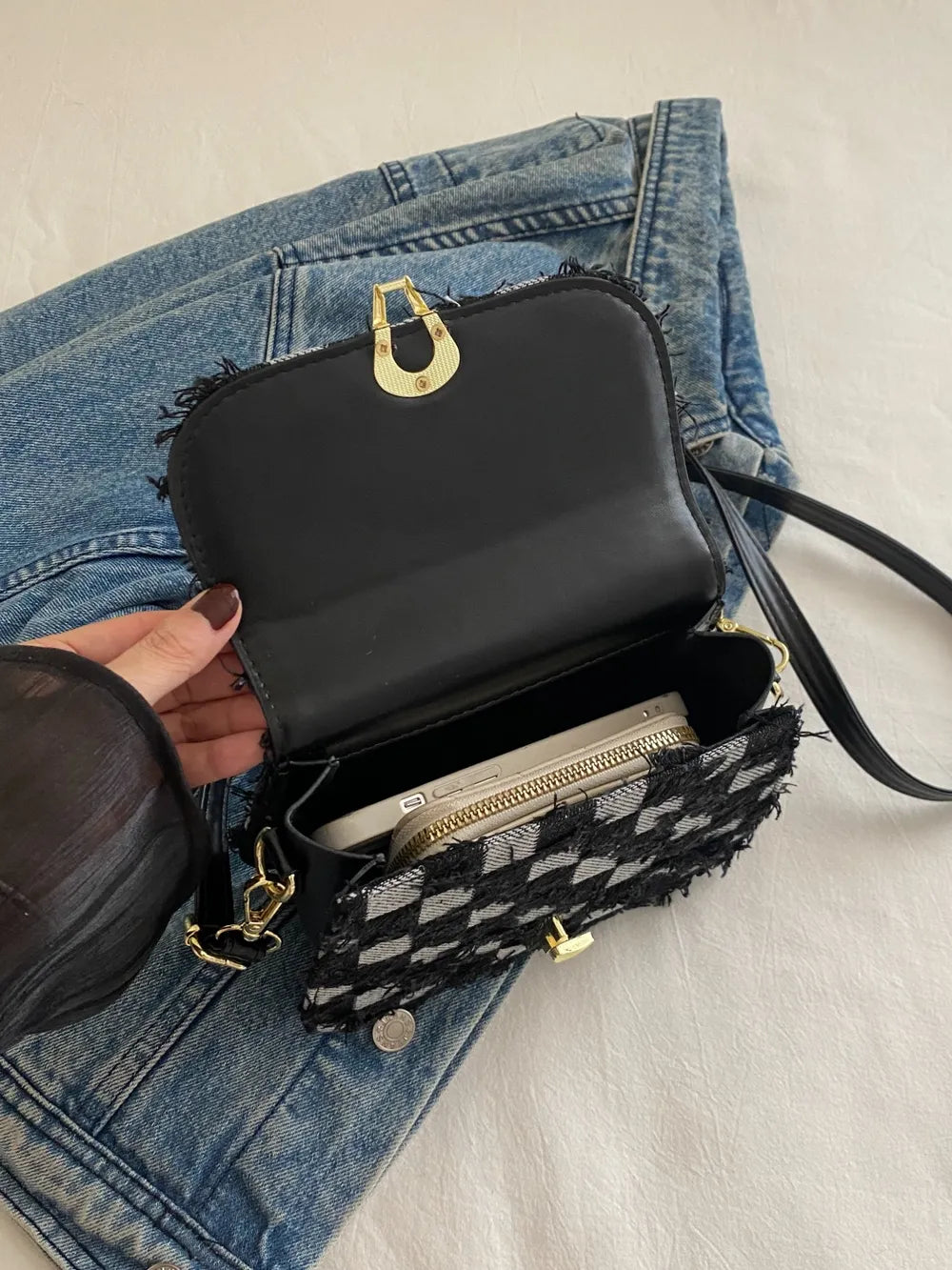 Checkered Raw Hem Adjustable Strap Crossbody Bag - LaTezza Online Shop
