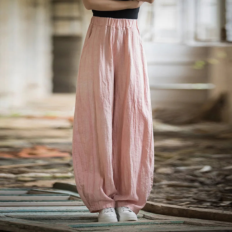 Elegant Women's Cotton Linen Baggy Cargo Pants Vintage Elastic Waist Yoga Trousers Loose Casual Long Wide Leg Oversize Clothes - LaTezza Online Shop