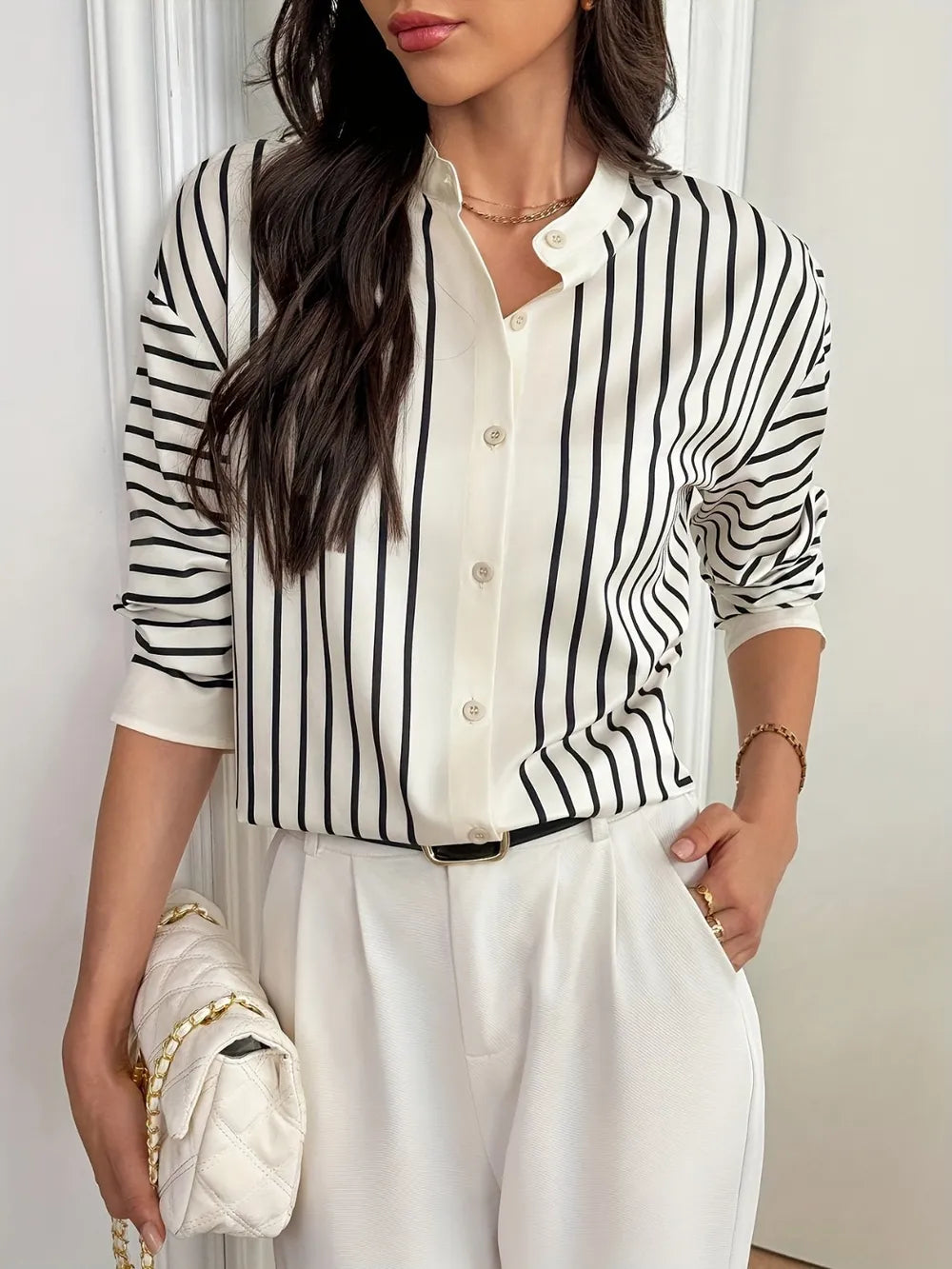 Striped Mock Neck Long Sleeve Shirt - LaTezza Online Shop
