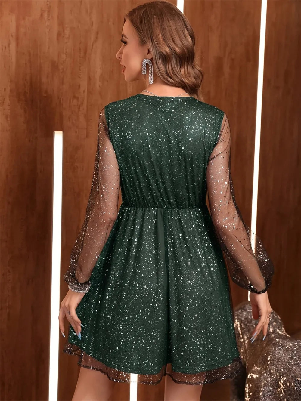 Glitter Surplice Long Sleeve Mini Dress - LaTezza Online Shop
