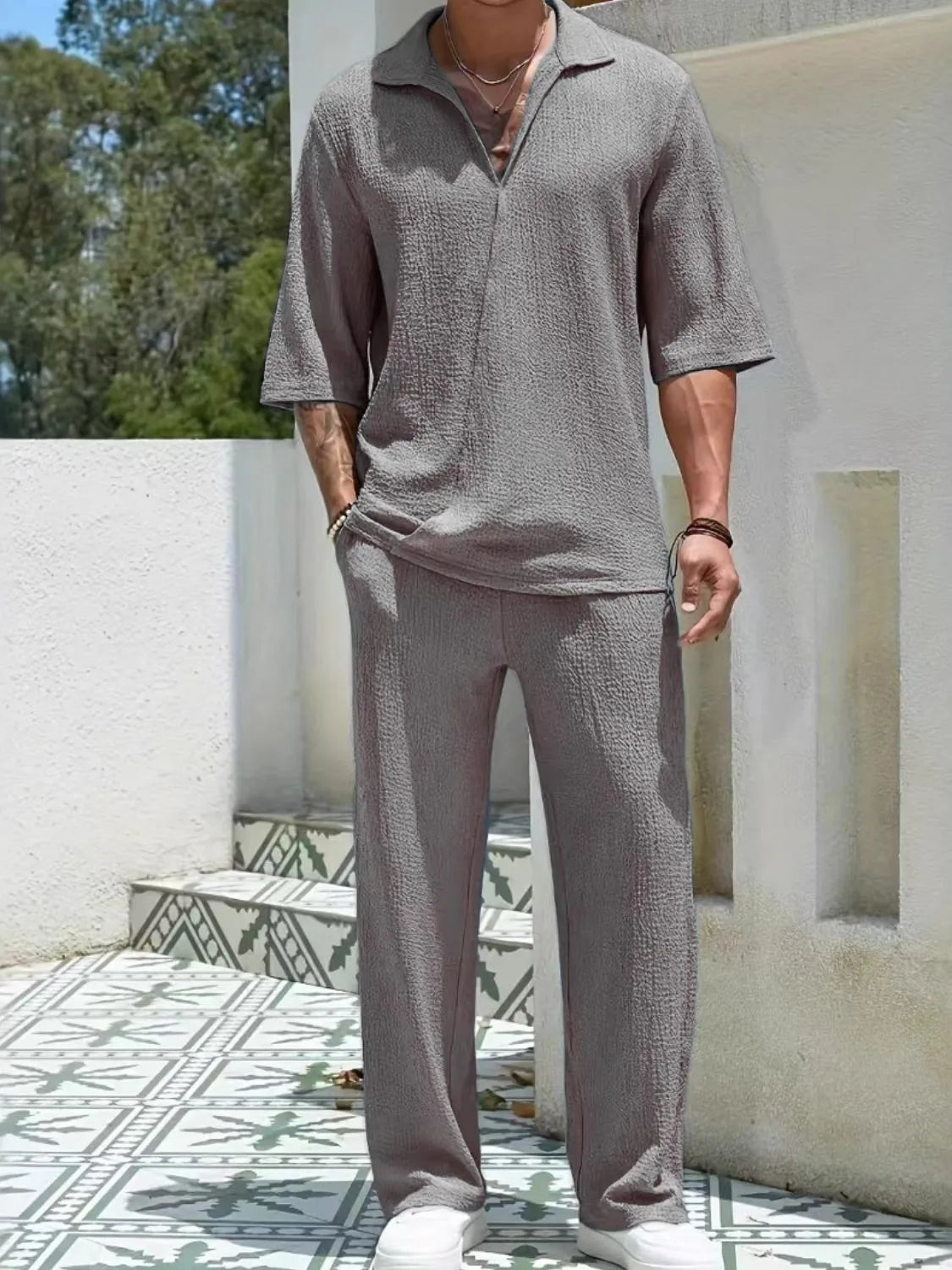 Men's Johnny Collar Half Sleeve Top and Pants Set - LaTezza Online Shop