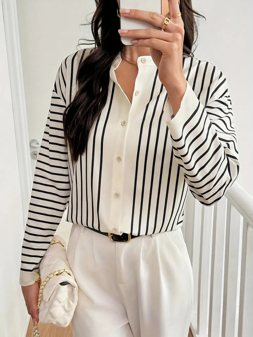 Striped Mock Neck Long Sleeve Shirt - LaTezza Online Shop