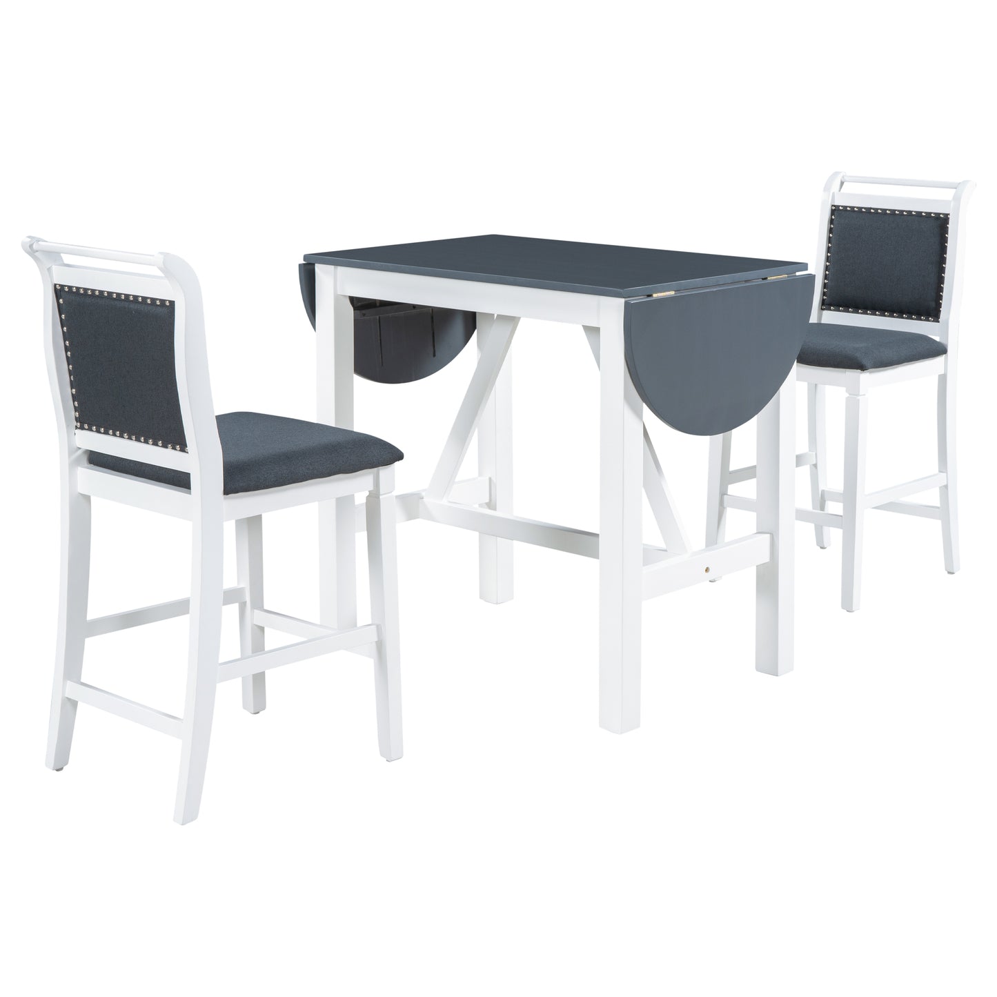 TOPMAX 3-Piece Wood Counter Height Drop Leaf Dining Table Set with 2 Upholstered Dining Chairs for Small Place White+Gray - LaTezza Online Shop