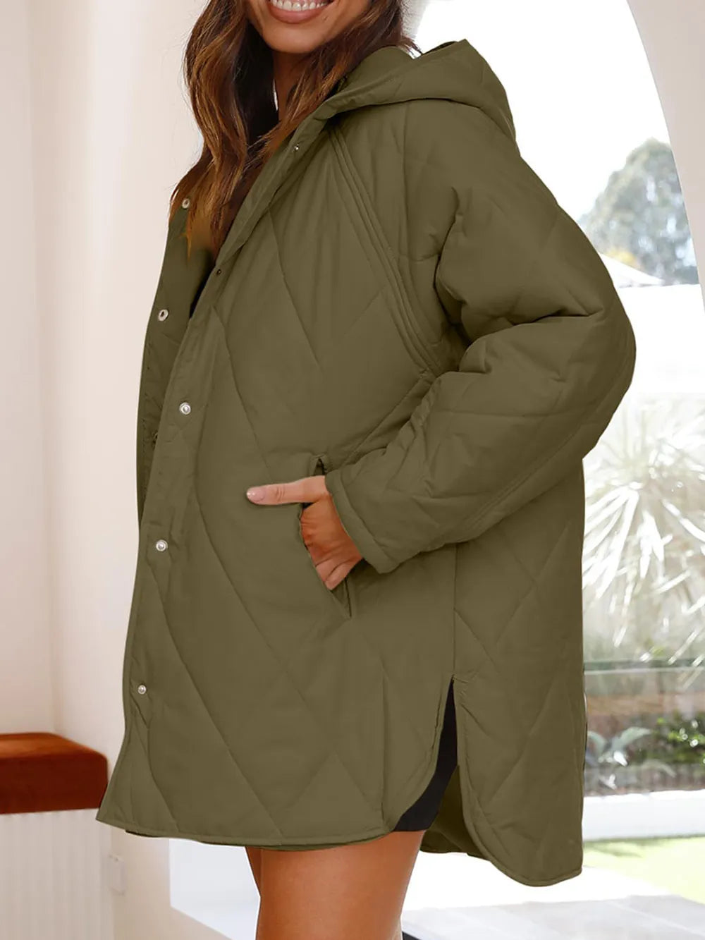 Slit Snap Down Long Sleeve Hooded Jacket - LaTezza Online Shop
