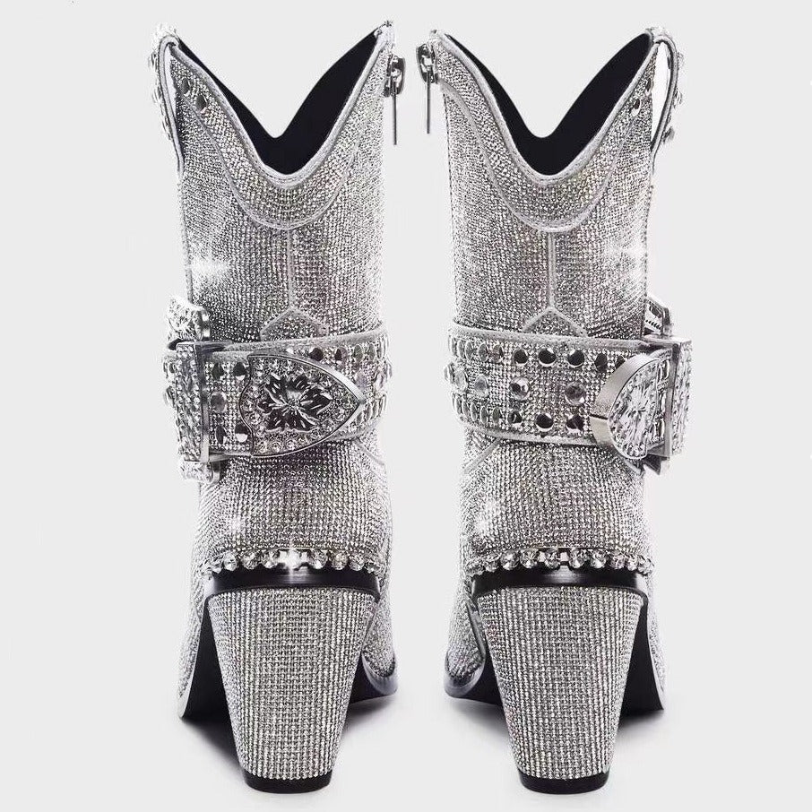 Western denim hot drill mid tube round head belt buckle thick heel fashion boots - LaTezza Online Shop