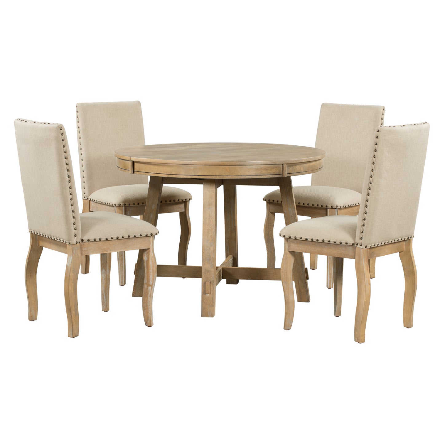 TREXM 5-Piece Farmhouse Dining Table Set Wood Round Extendable Dining Table and 4 Upholstered Dining Chairs (Natural Wood Wash) - LaTezza Online Shop