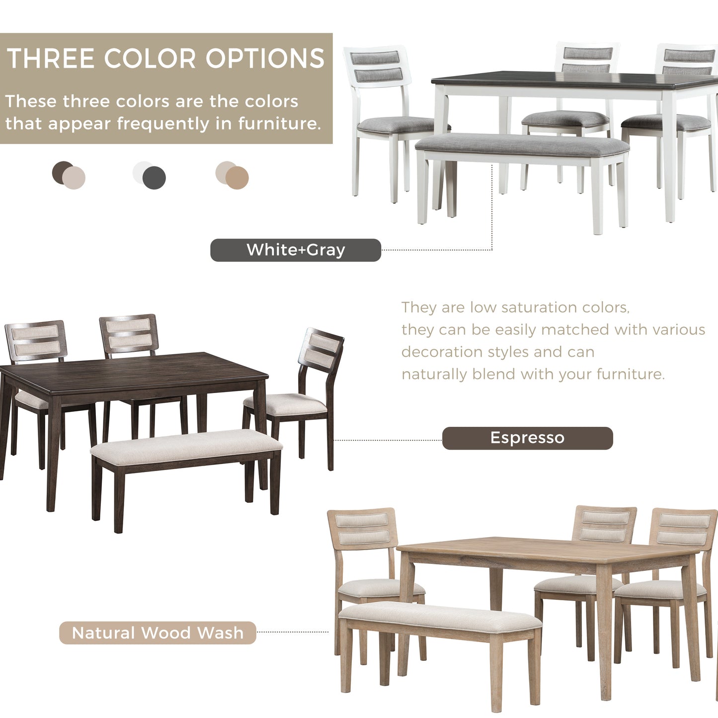 TREXM Classic and Traditional Style 6 - Piece Dining Set, Includes Dining Table 4 Upholstered Chairs & Bench (White+Gray) - LaTezza Online Shop