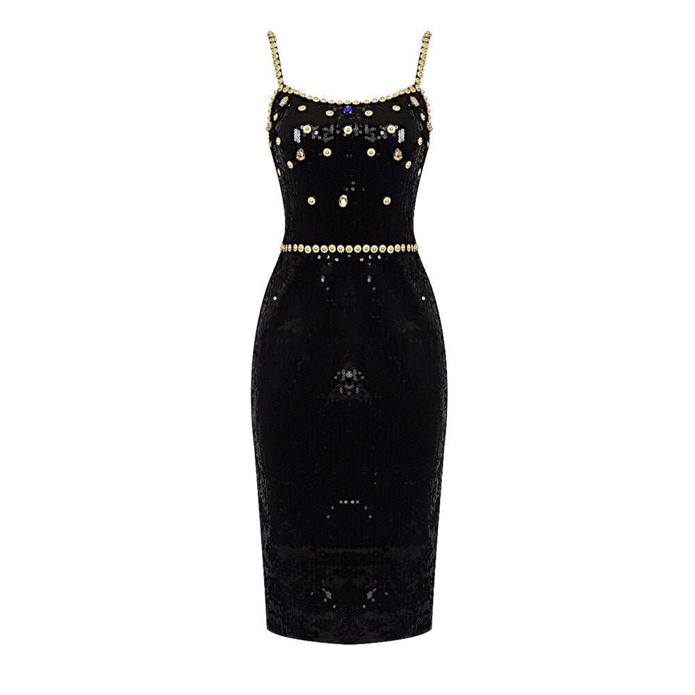 Black Evening Dinner Dress Women Elegant Square Collar Crystal Sequins Spaghetti Strap Dresses - LaTezza Online Shop