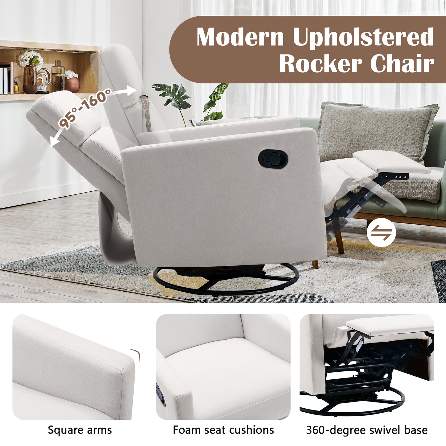 Modern Upholstered Rocker Nursery Chair Plush Seating Glider Swivel Recliner Chair Beige - LaTezza Online Shop