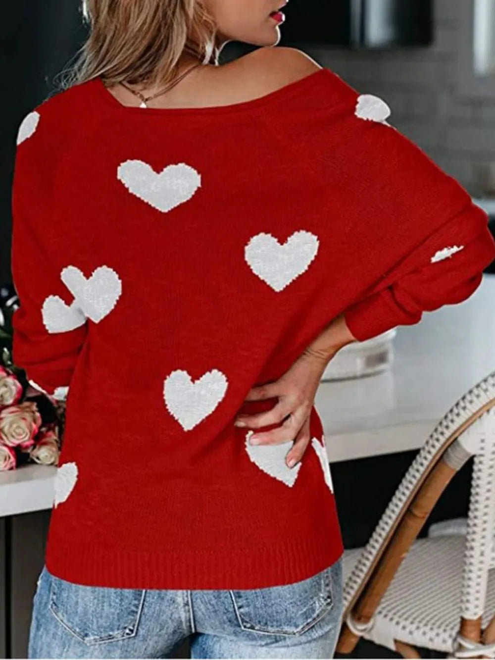 Heart Scoop Neck Long Sleeve Sweater - LaTezza Online Shop
