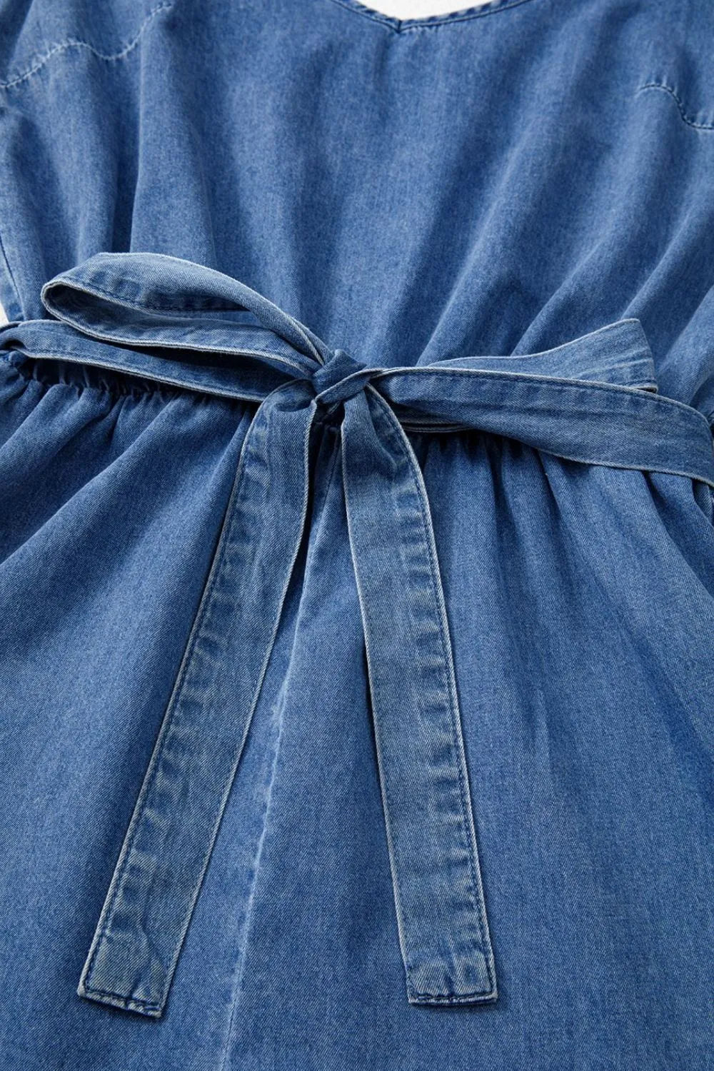 Spaghetti Straps V Neck Belted Ruffled Leg Chambray Romper - LaTezza Online Shop