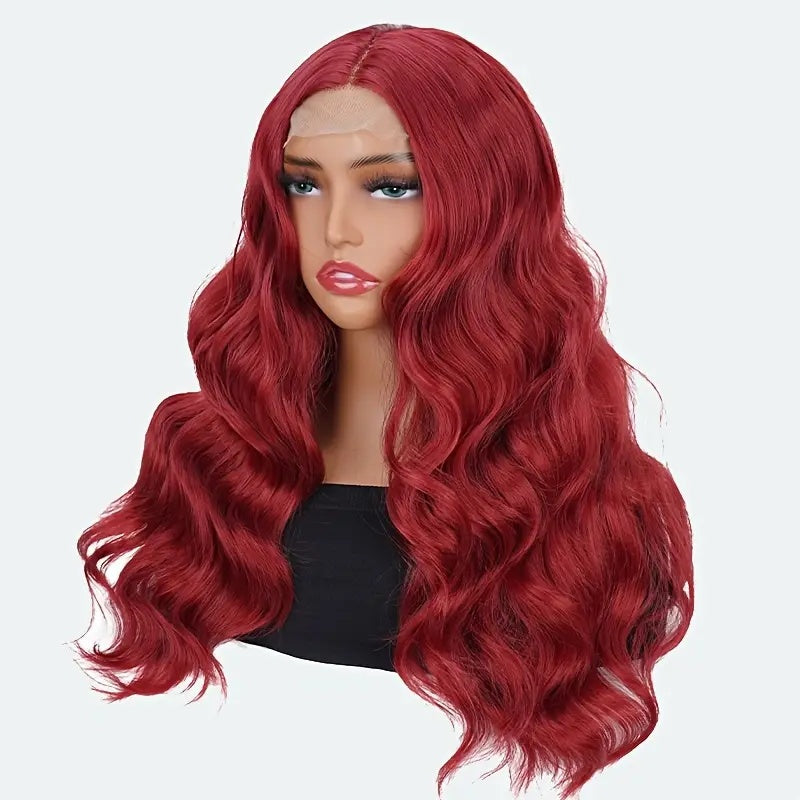 Elegant 24 Inch Red Wavy Synthetic Wig For Women, 4x1 Front Lace, High Temperature Fiber, Middle Part, Natural Look, Breathable, Comfortable, Versatile For Cosplay & Daily Use, All Ethnicitie - LaTezza Online Shop