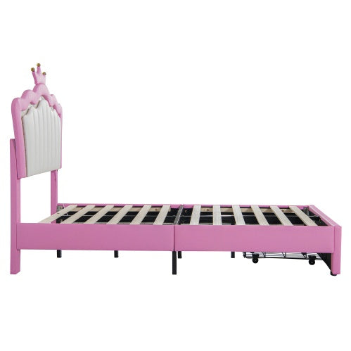 Twin Size Upholstered Bed Frame With LED Lights Modern Princess Bed With Crown Headboard and drawer