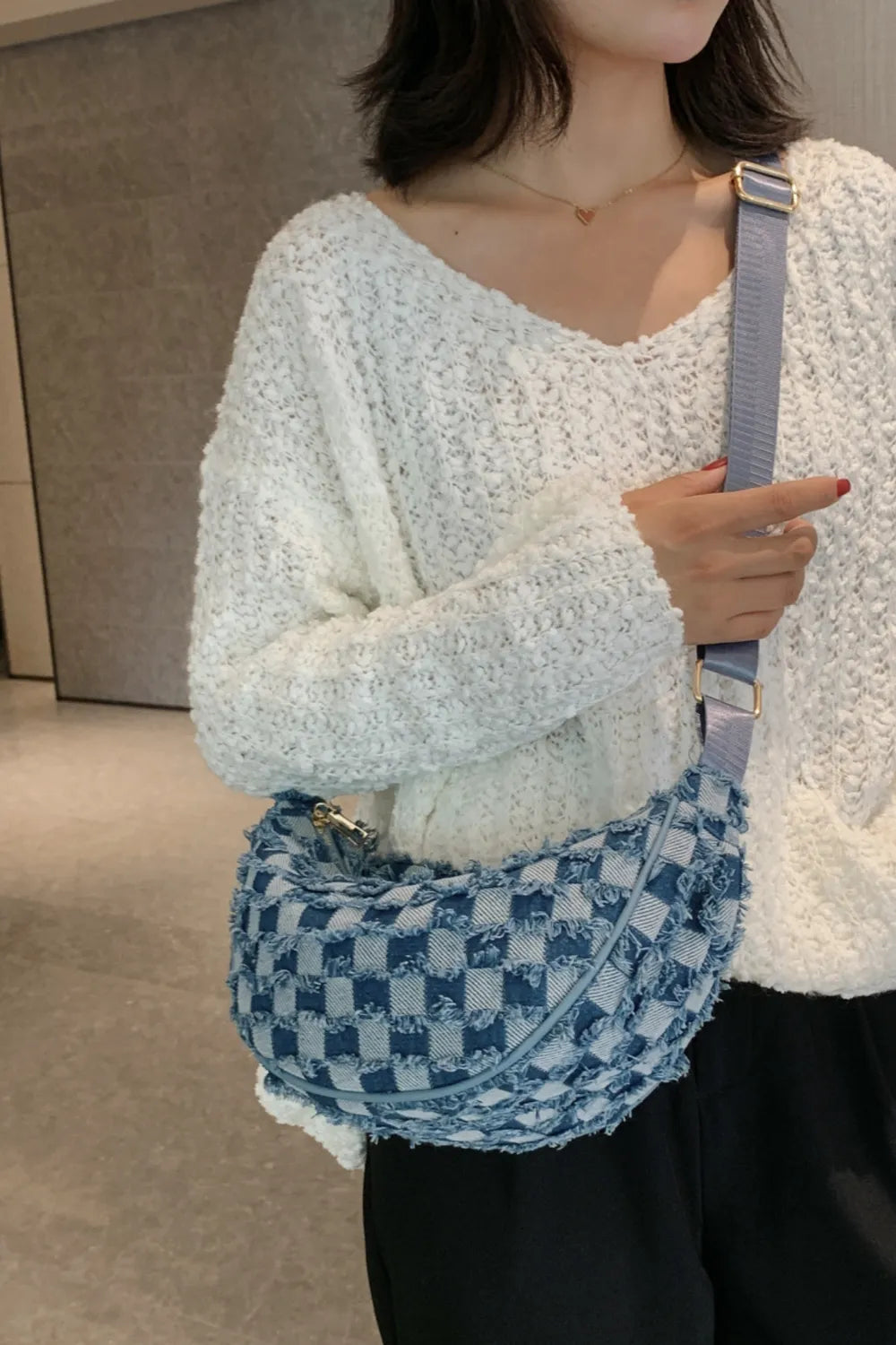Raw Hem Checkered Denim Crossbody Bag - LaTezza Online Shop