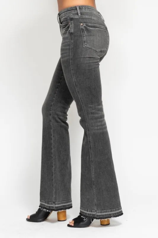 Judy Blue Full Size Mid Rise Tummy Control Washed Gray Release Hem Flare Jeans Plus Size - LaTezza Online Shop