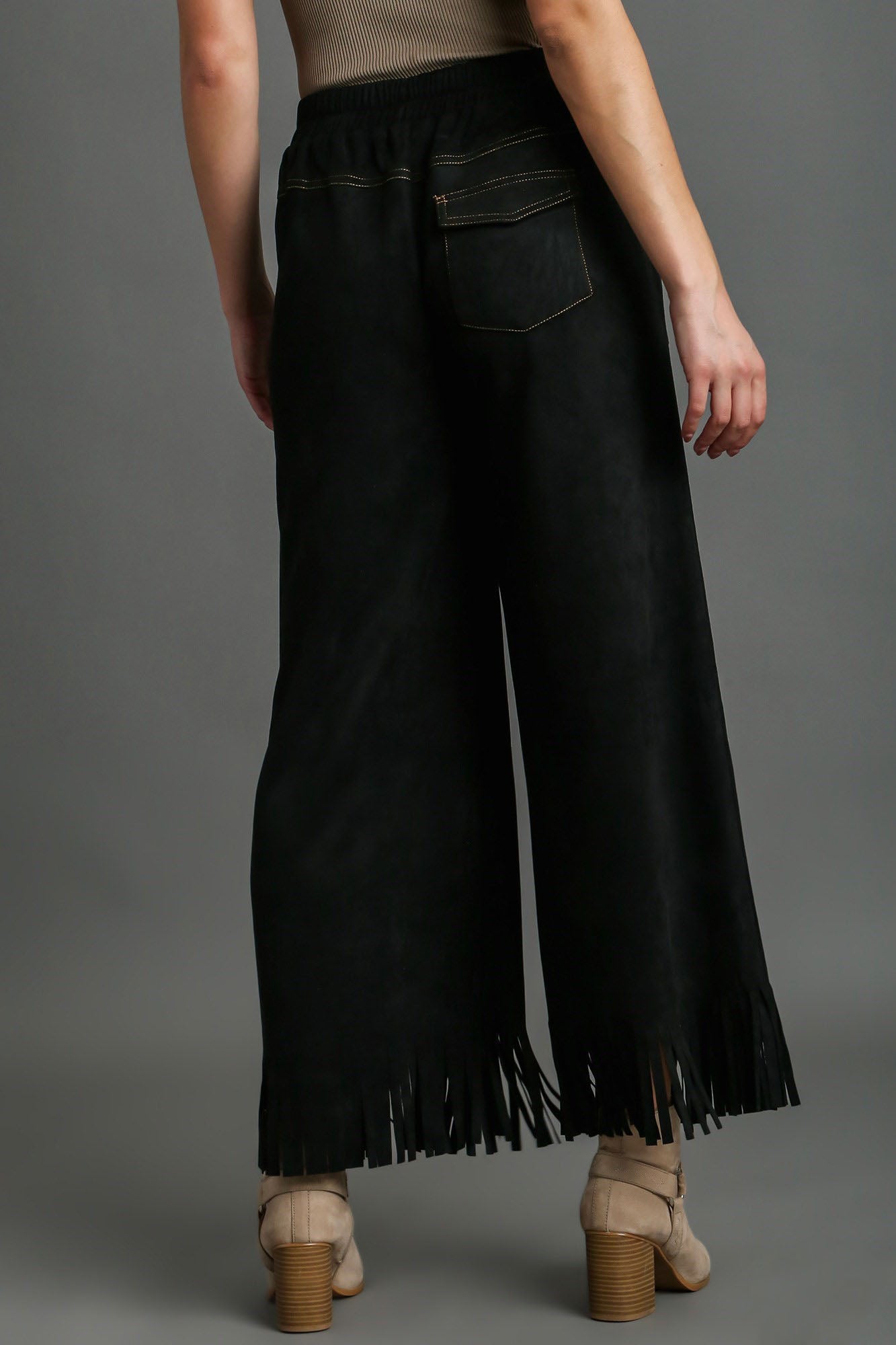 Umgee Full Size Suede Fringe Hem Wide Leg Pants Plus Size - LaTezza Online Shop