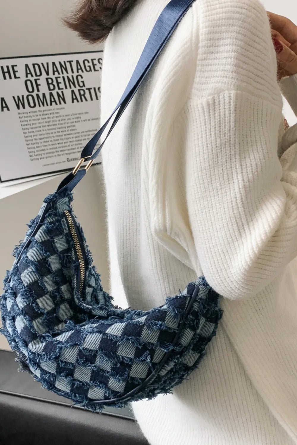 Raw Hem Checkered Denim Crossbody Bag - LaTezza Online Shop