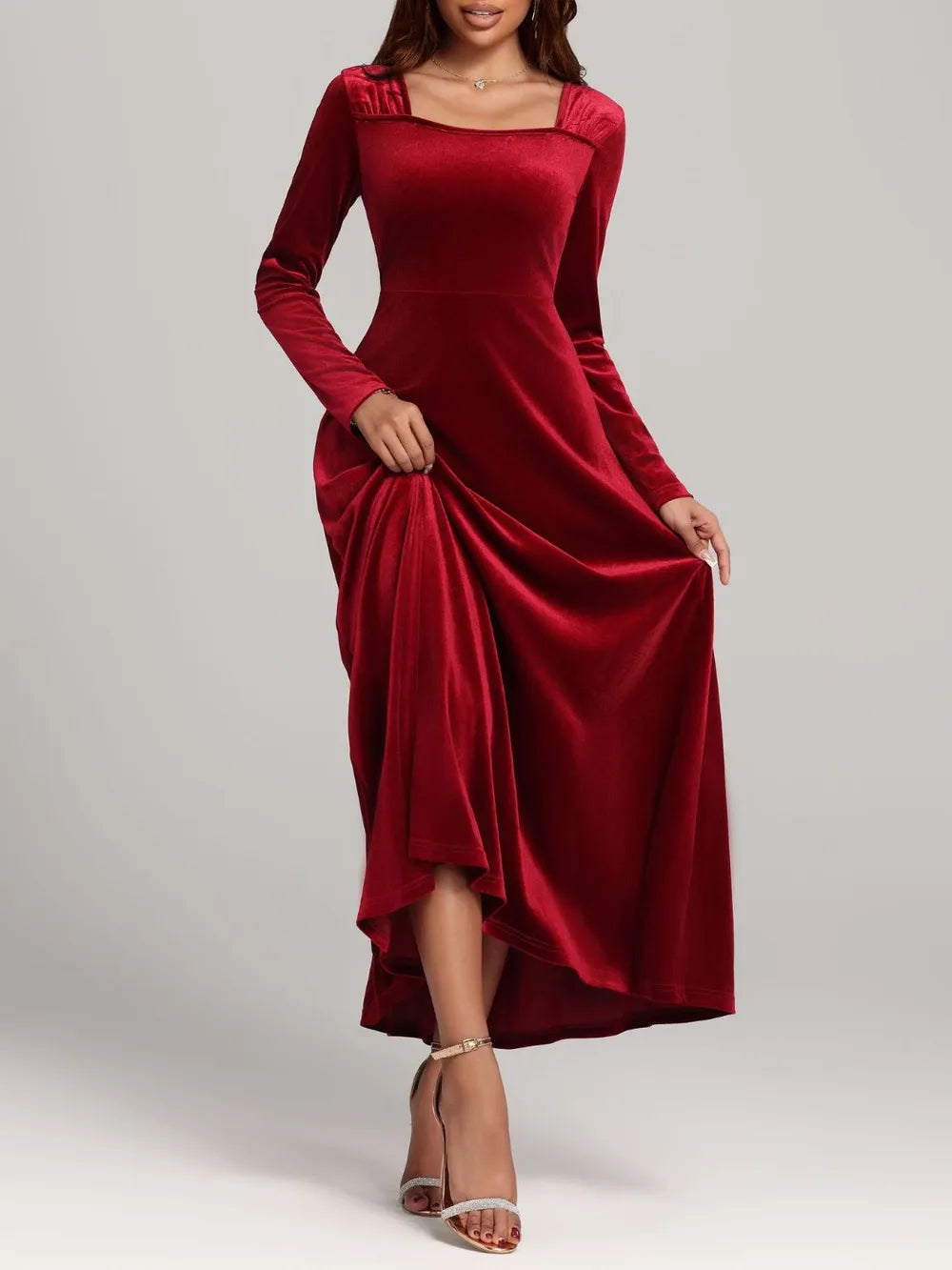 Square Neck Long Sleeve Velvet Dress - LaTezza Online Shop