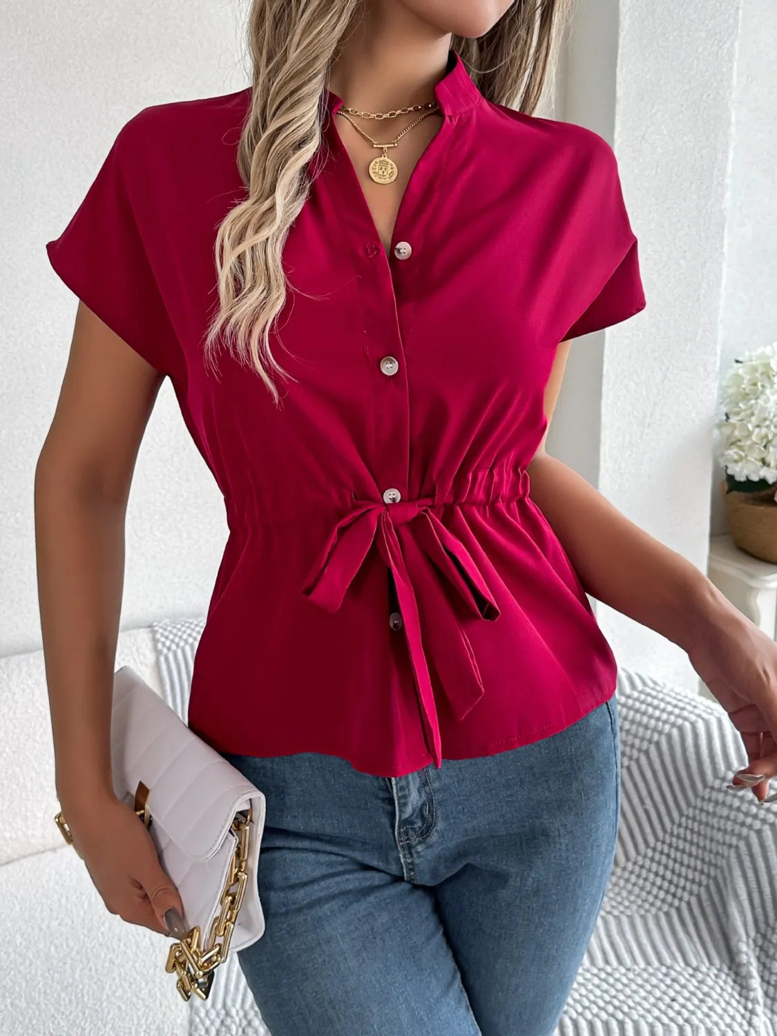 Notched Short Sleeve Blouse - LaTezza Online Shop