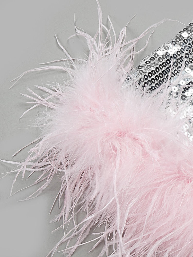 Birthday Party Dress For Women Pink Ostrich Feather Design Silver Sparkling Sequins Strapless Midi Dress - LaTezza Online Shop