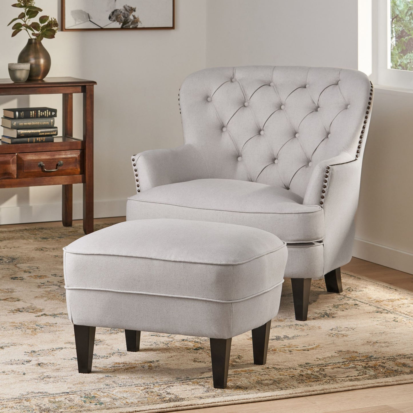 Arm Chair with Ottoman Modern light grey tufted fabric club chair and Ottoman set, stylish cushioned armchair - LaTezza Online Shop