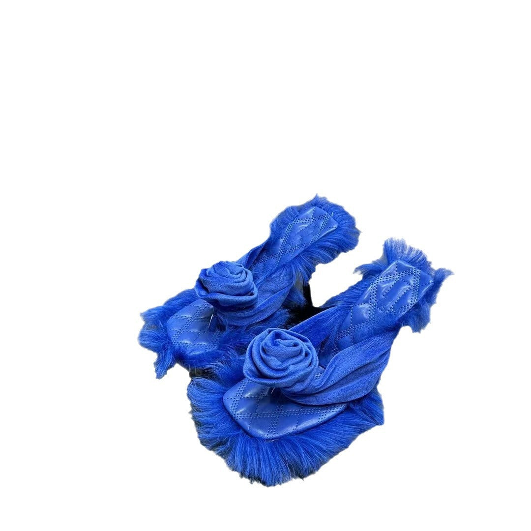 High Heels Slippers Rose Fur Luxury Novel Hairy Mules Slippers Summer Quality Plush Brand Party Slippers Woman - LaTezza Online Shop