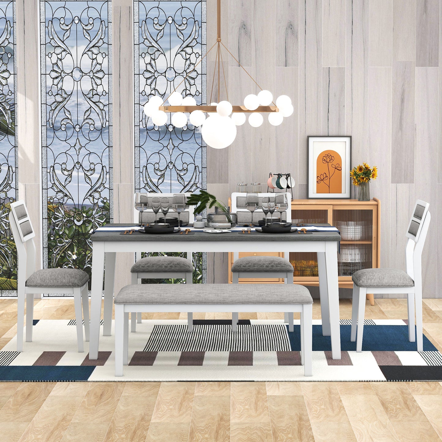 TREXM Classic and Traditional Style 6 - Piece Dining Set, Includes Dining Table 4 Upholstered Chairs & Bench (White+Gray) - LaTezza Online Shop