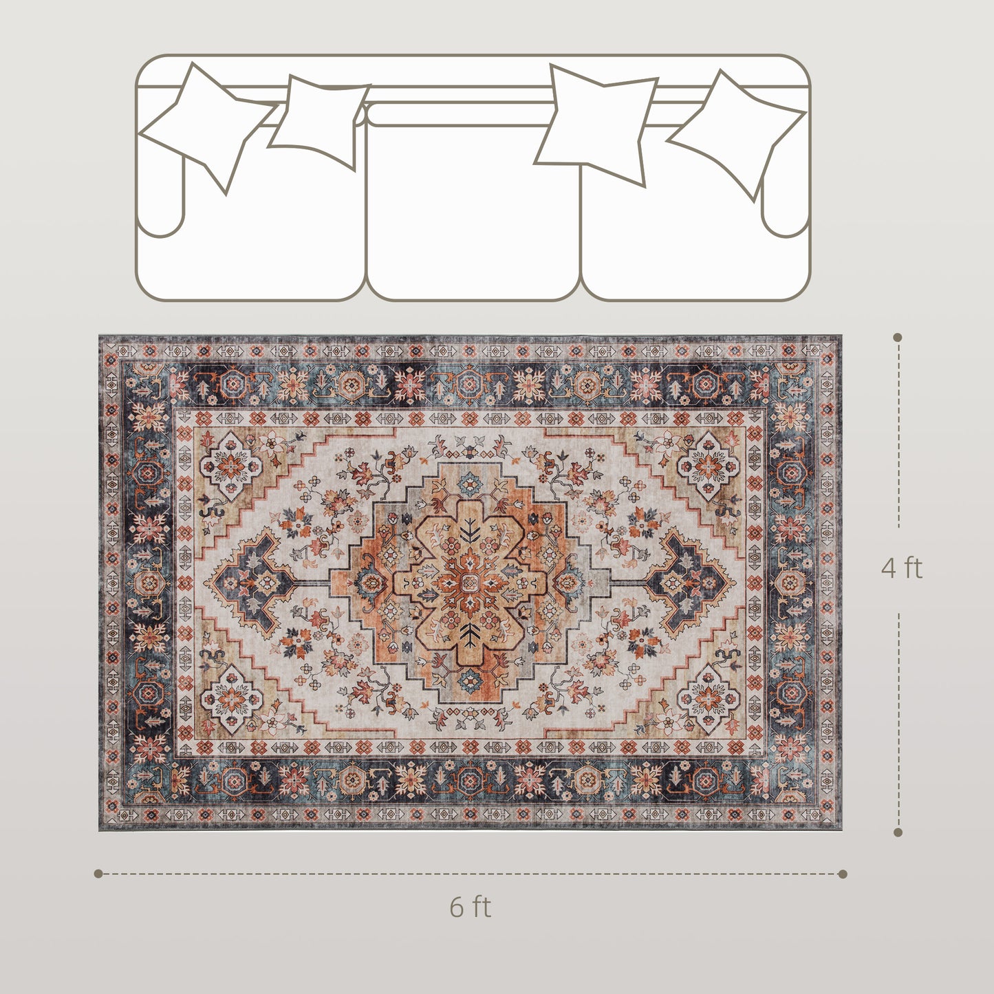 Area Rug 4x6, Machine Washable Rug, Non-Slip Boho Print Pattern Medallion Carpet For Living Room, Bedroom, Tawny Brown