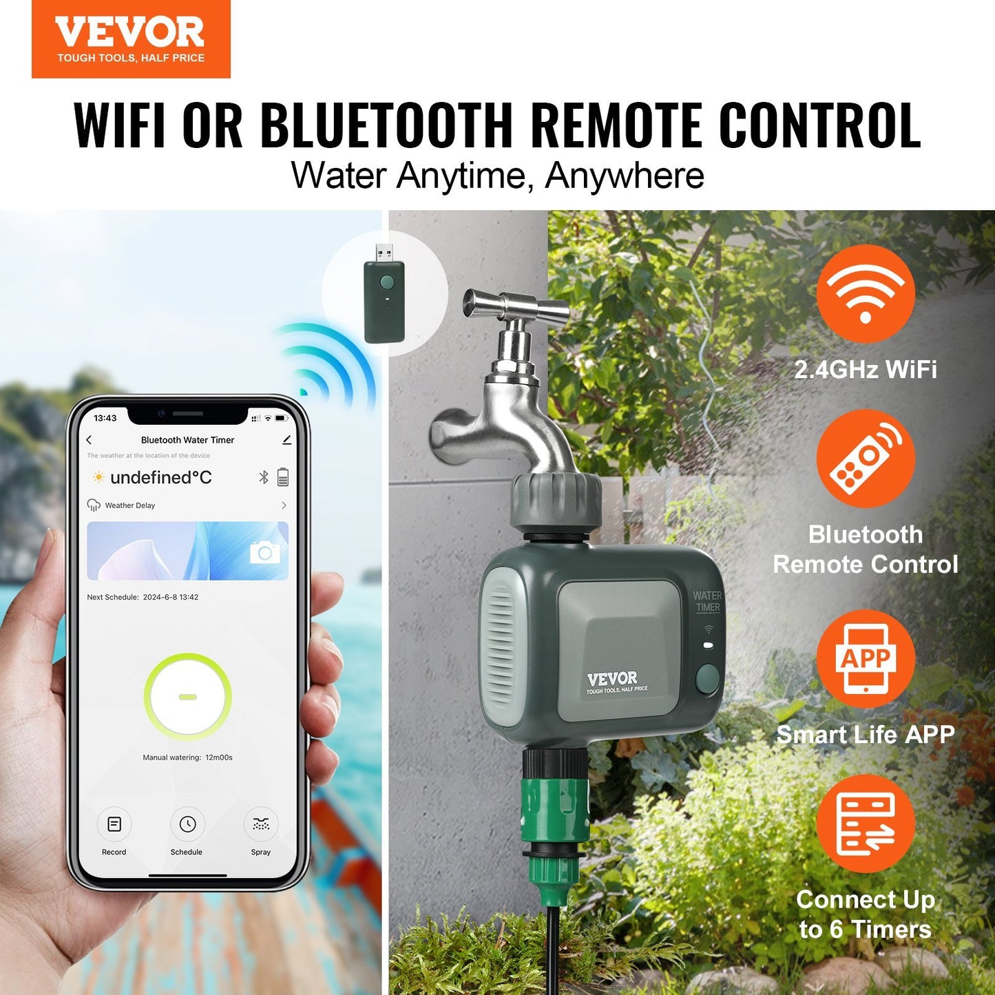 VEVOR WiFi Sprinkler Timer, Single Outlet, Smart Hose Faucet Water Timer With Brass Inlet, APP Control Via 2.4Ghz WiFi Or Bluetooth, Voice Control With Alexa Google Assistant, IPX6 For Yard W - LaTezza Online Shop