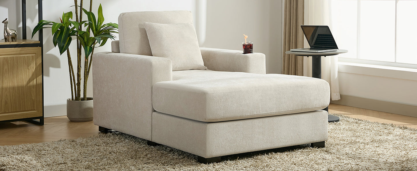 39.7" Oversized Chaise Lounger Modern Style Sofa Couch ,with Pillows, Charge Station & Cup Holders, Chenille Fabric, Cream - LaTezza Online Shop