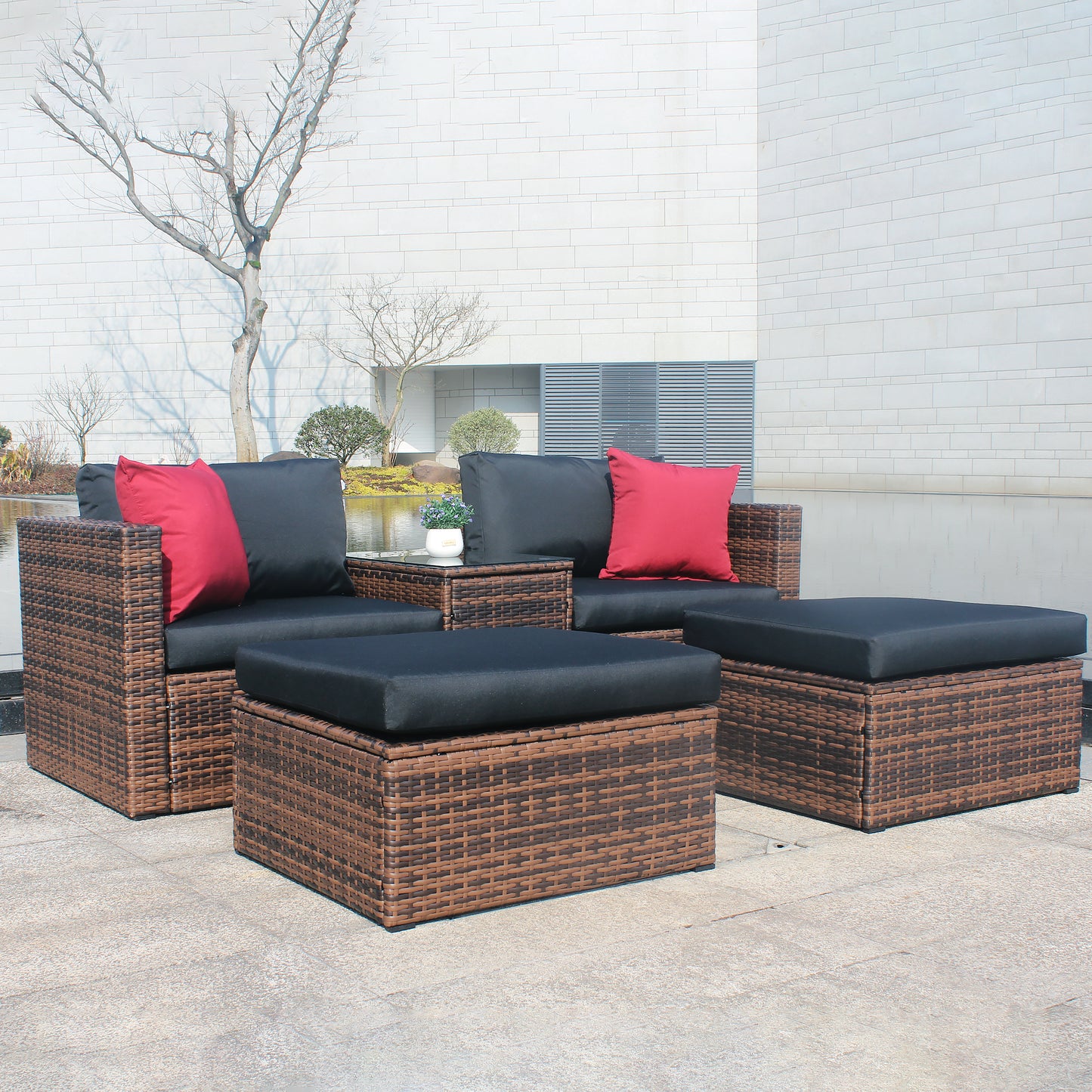 5 Pieces Outdoor Patio Garden Brown Wicker Sectional Sofa Set - LaTezza Online Shop