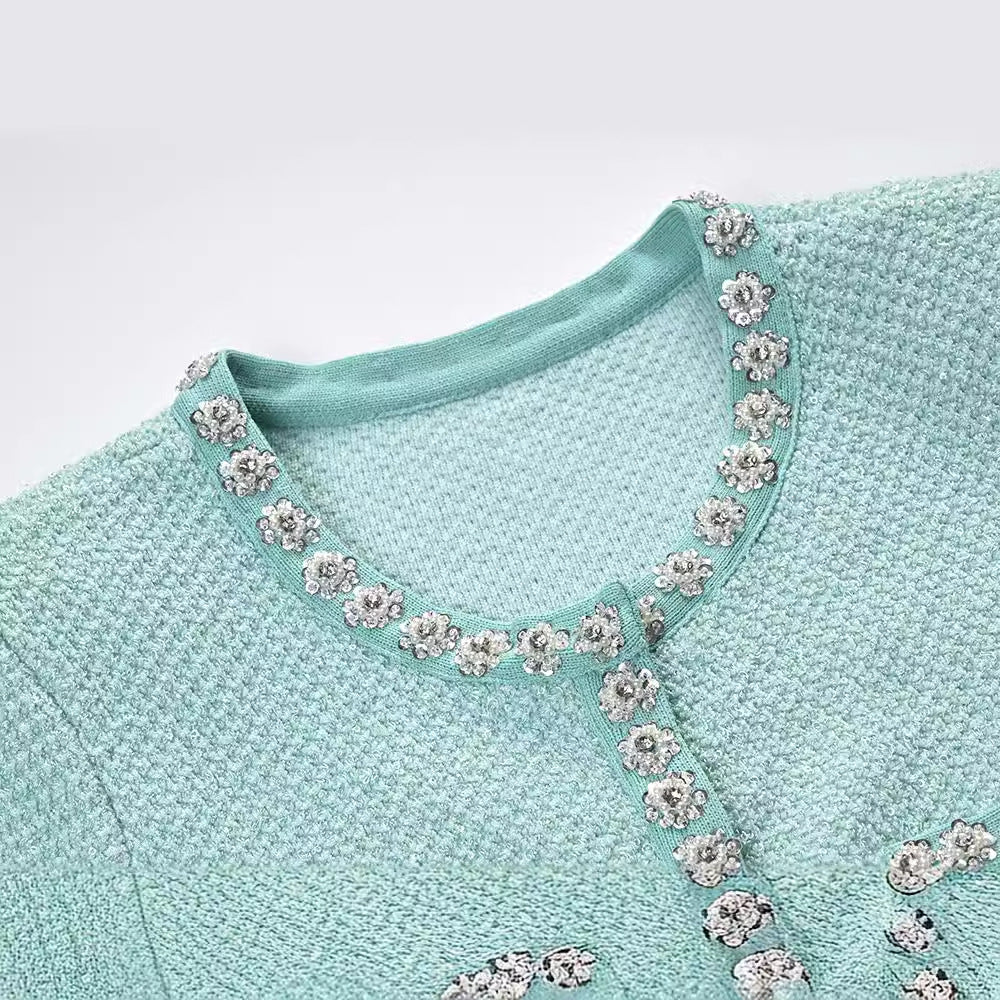 Diamond sequin single breasted ruffle edge cinched waist knitted dress for women - LaTezza Online Shop