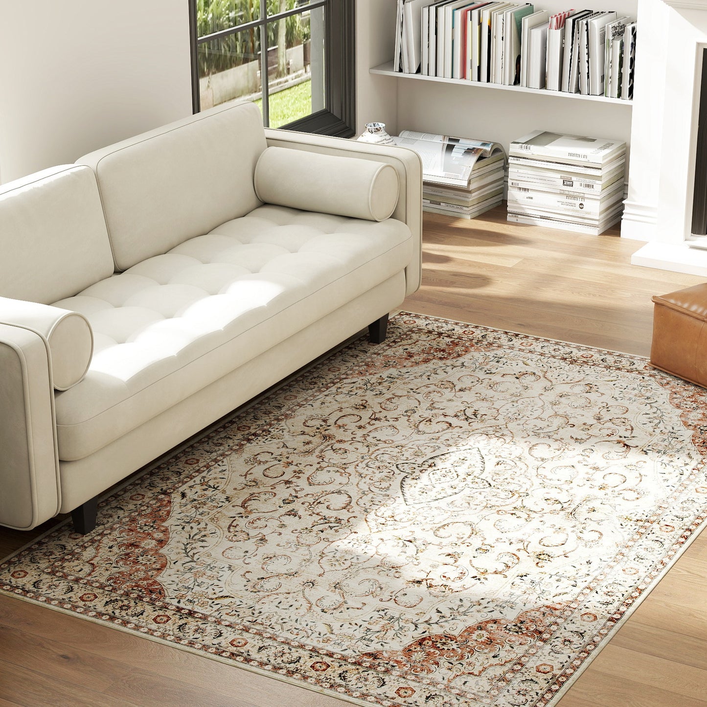 Area Rug 4x6, Machine Washable Rug, Non-Slip Classical Floral Print Floor Carpet For Living Room, Bedroom, Mixed-Brown