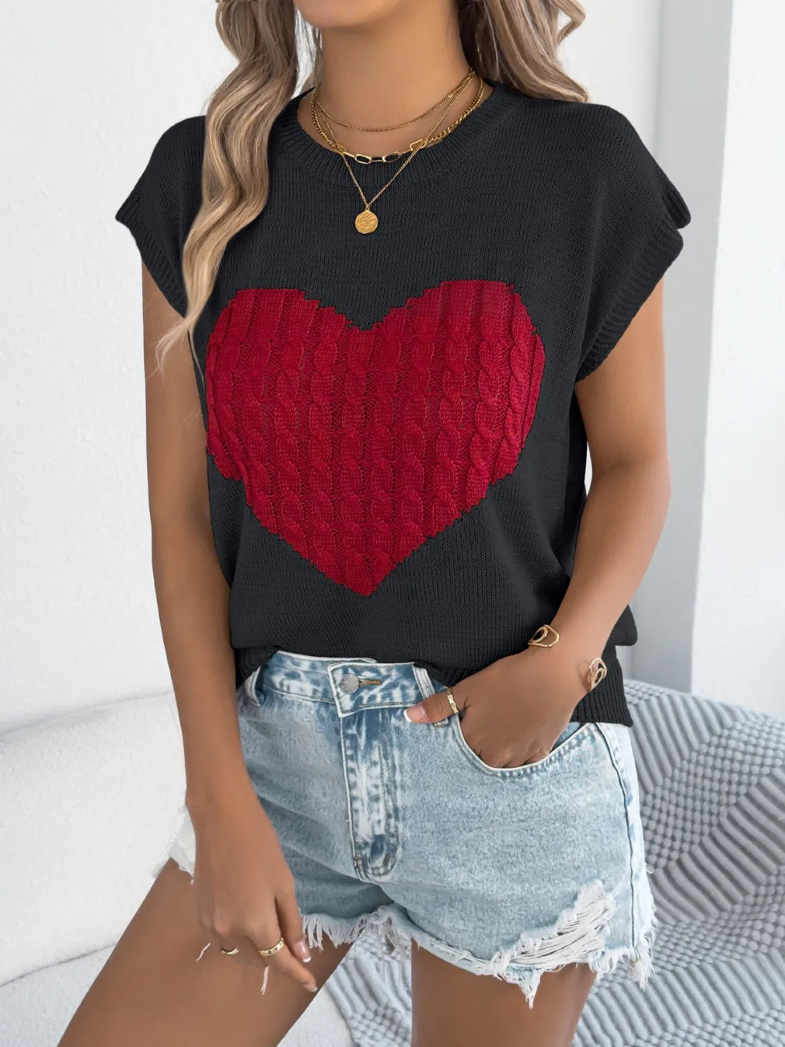 Cable Knit Heart Round Neck Cap Sleeve Knit Top - LaTezza Online Shop