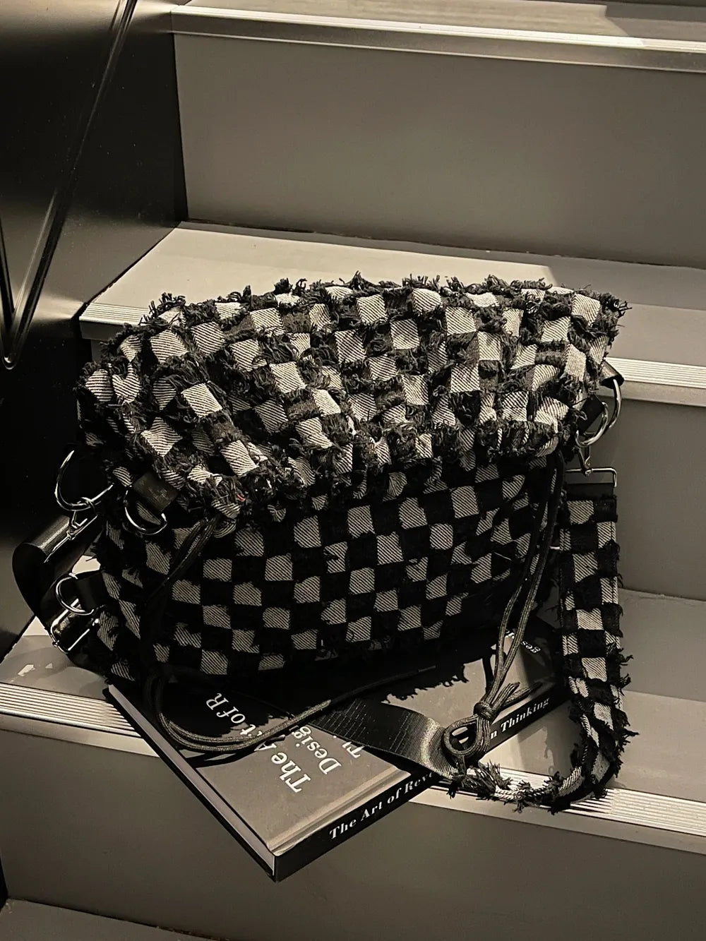 Checkered Raw Edge Adjustable Strap Convertible Bag - LaTezza Online Shop