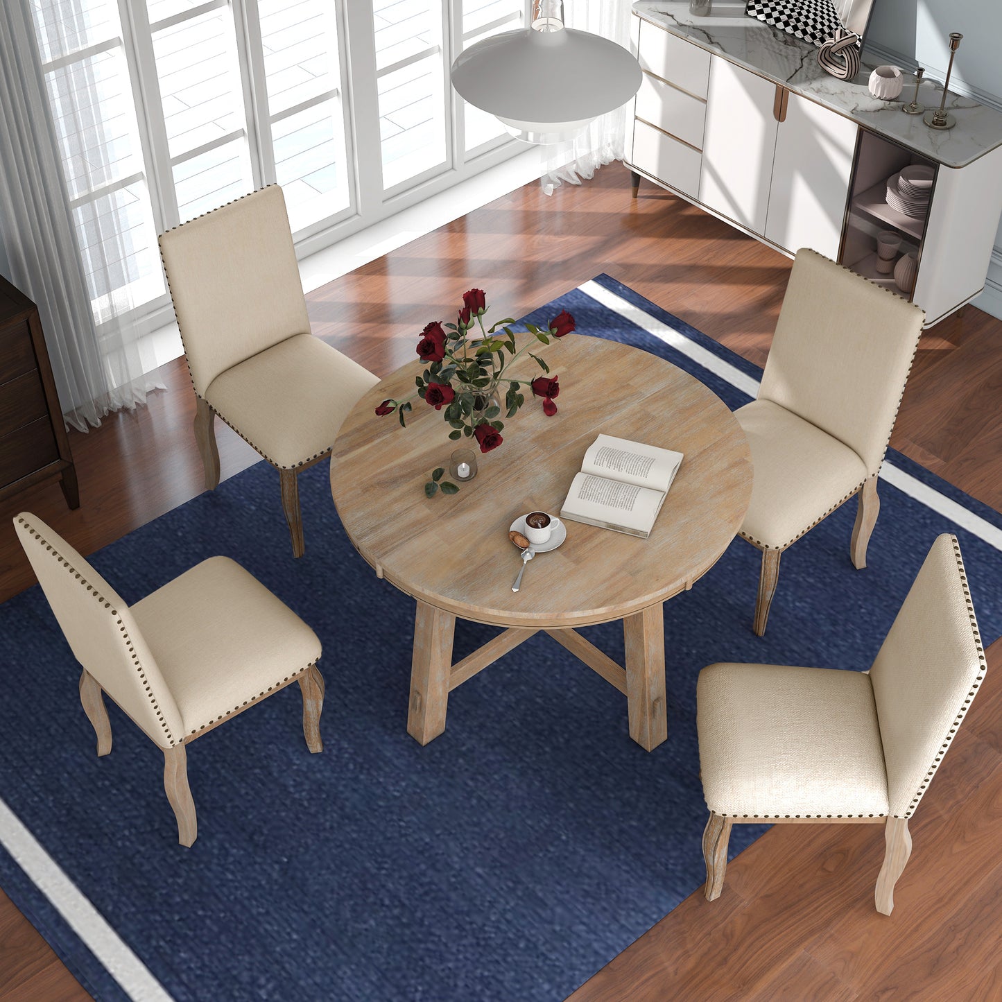 TREXM 5-Piece Farmhouse Dining Table Set Wood Round Extendable Dining Table and 4 Upholstered Dining Chairs (Natural Wood Wash) - LaTezza Online Shop