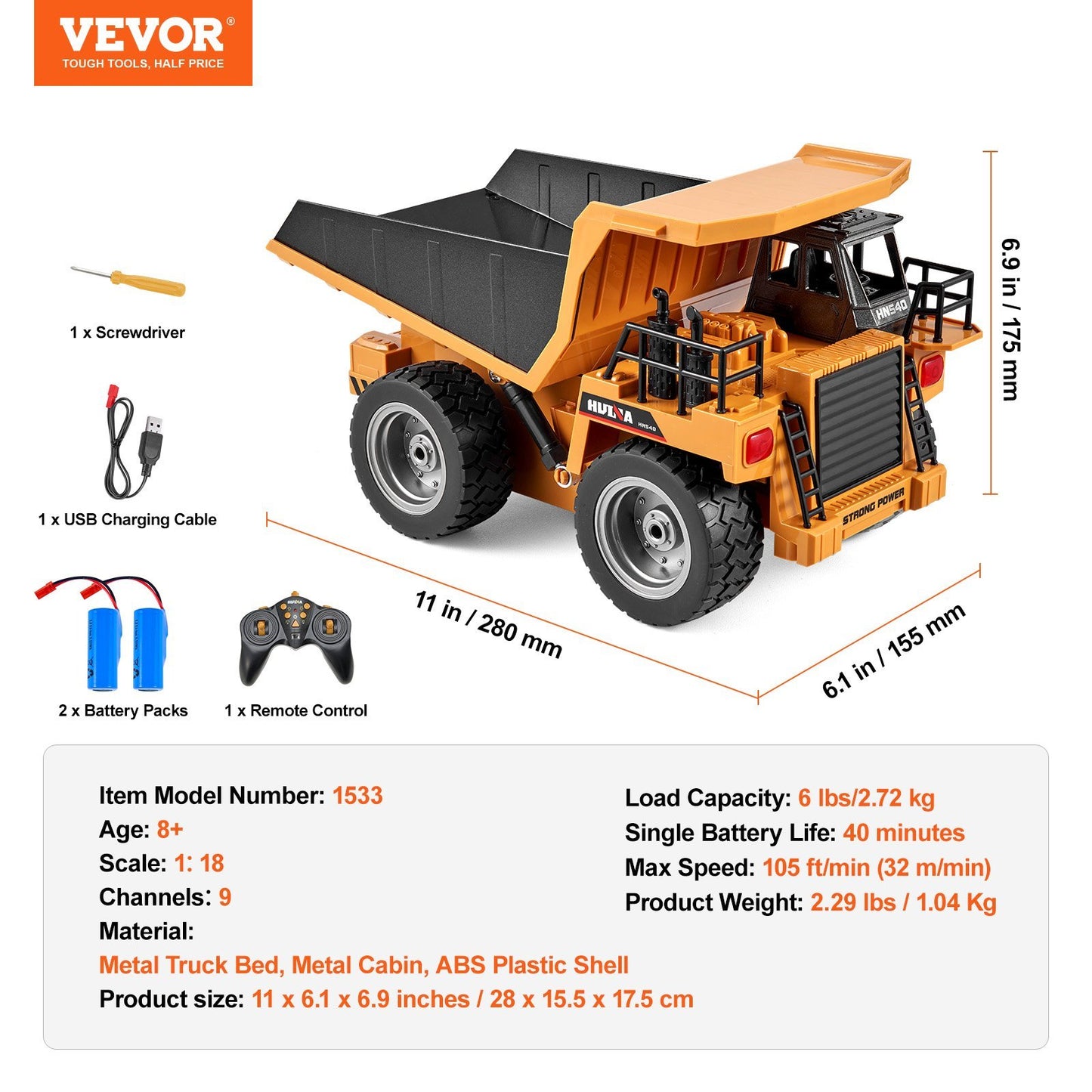 VEVOR RC Remote Control Dump Truck Toy Construction Vehicle Toy 9CH Scale