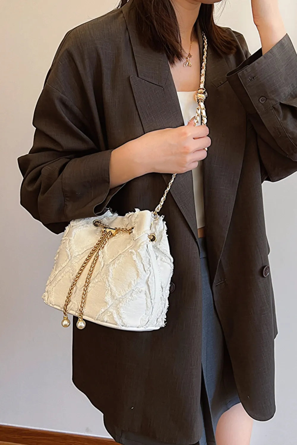 Chain Drawstring Raw Edge Denim Bucket Bag - LaTezza Online Shop