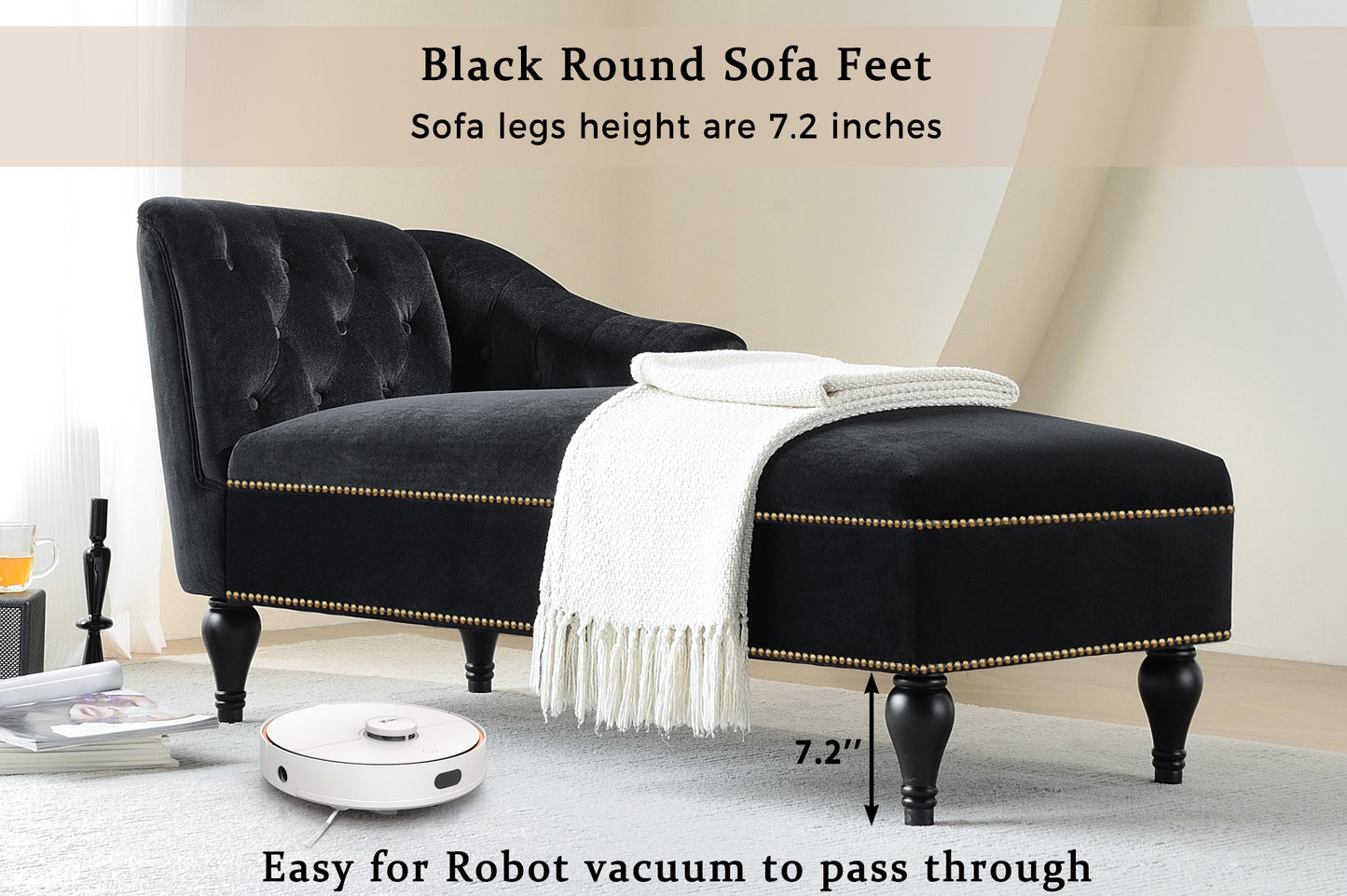 58 inch velvet lounge chair, button cluster right arm lounge chair with nail head decoration and solid wood legs - LaTezza Online Shop