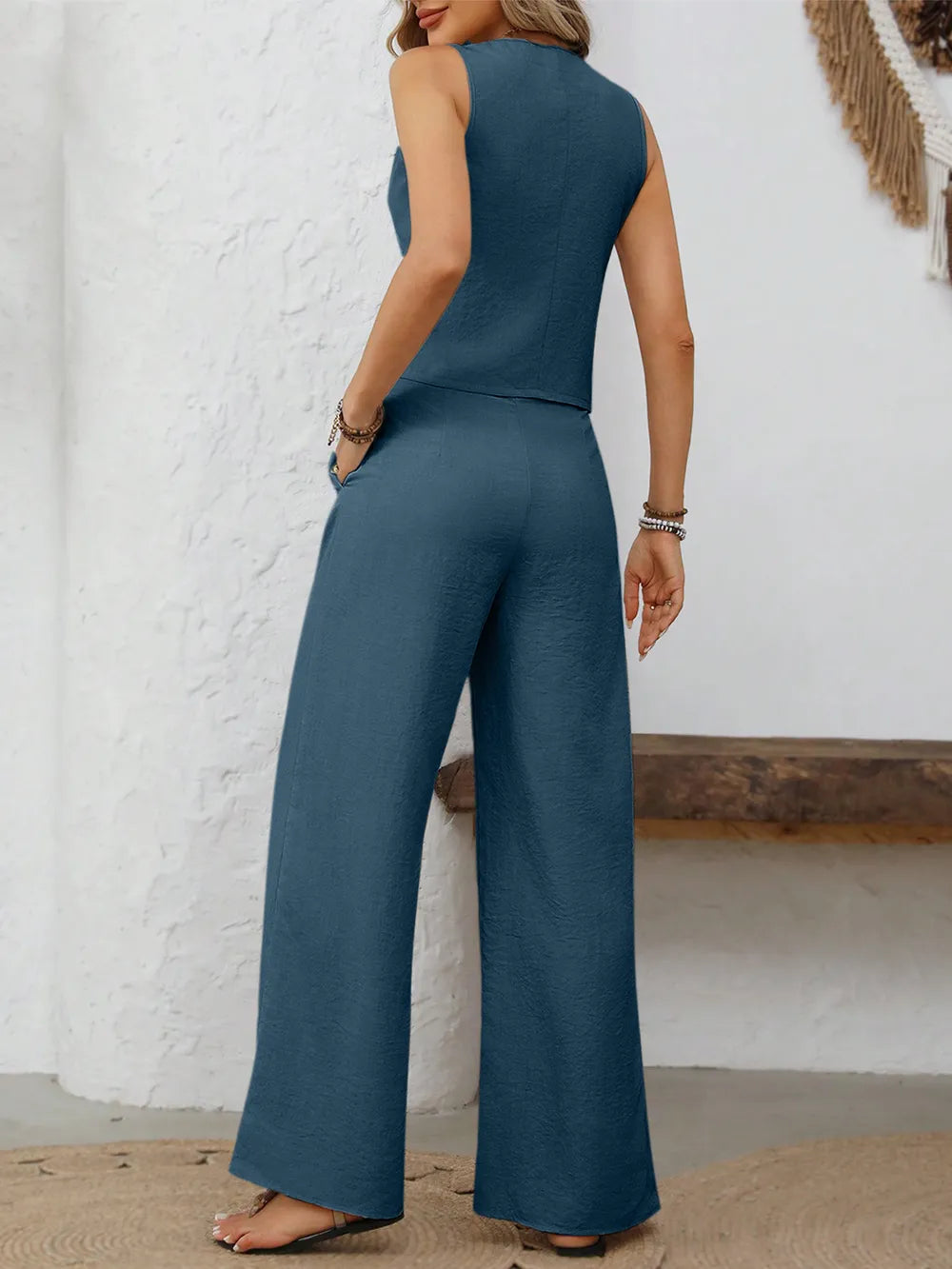 V-Neck Button Down Vest and Wide Leg Pants Set - LaTezza Online Shop