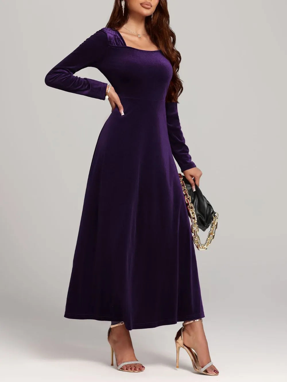 Square Neck Long Sleeve Velvet Dress - LaTezza Online Shop