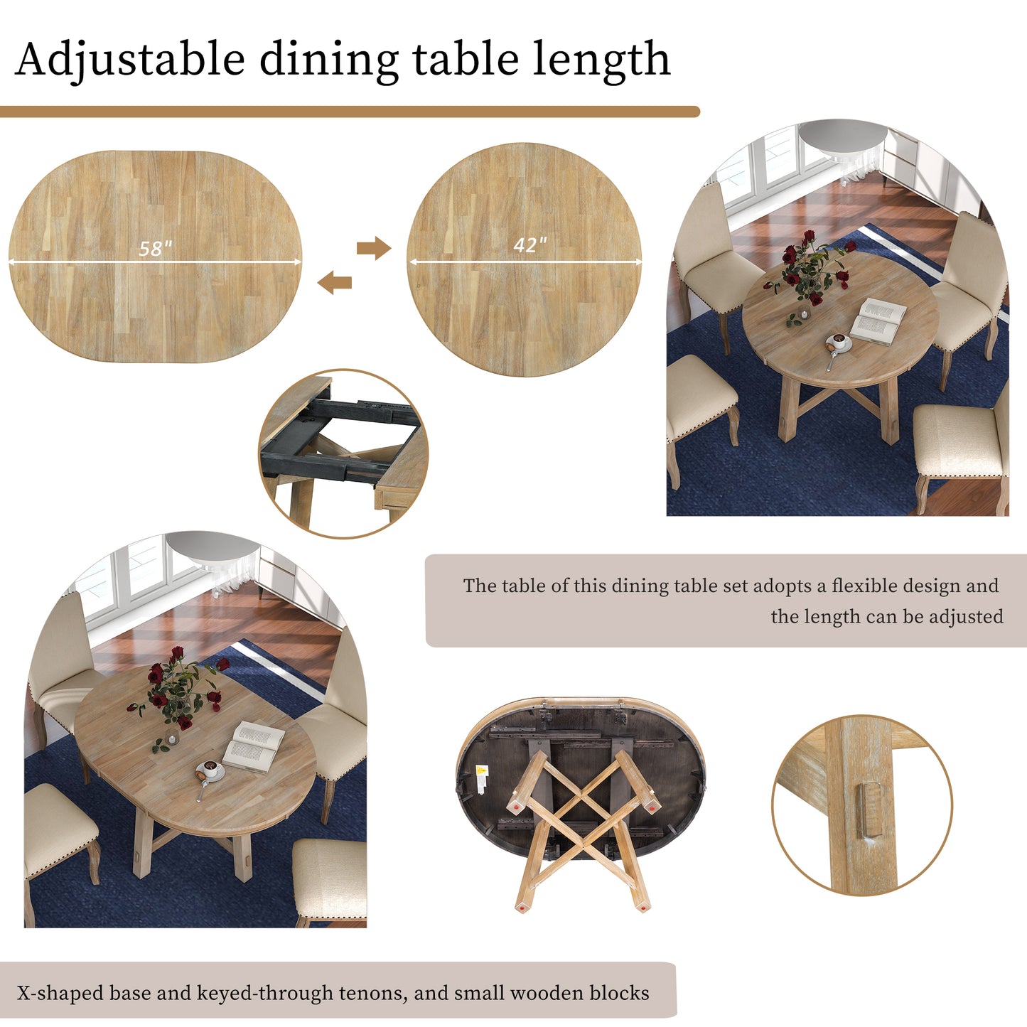 TREXM 5-Piece Farmhouse Dining Table Set Wood Round Extendable Dining Table and 4 Upholstered Dining Chairs (Natural Wood Wash) - LaTezza Online Shop