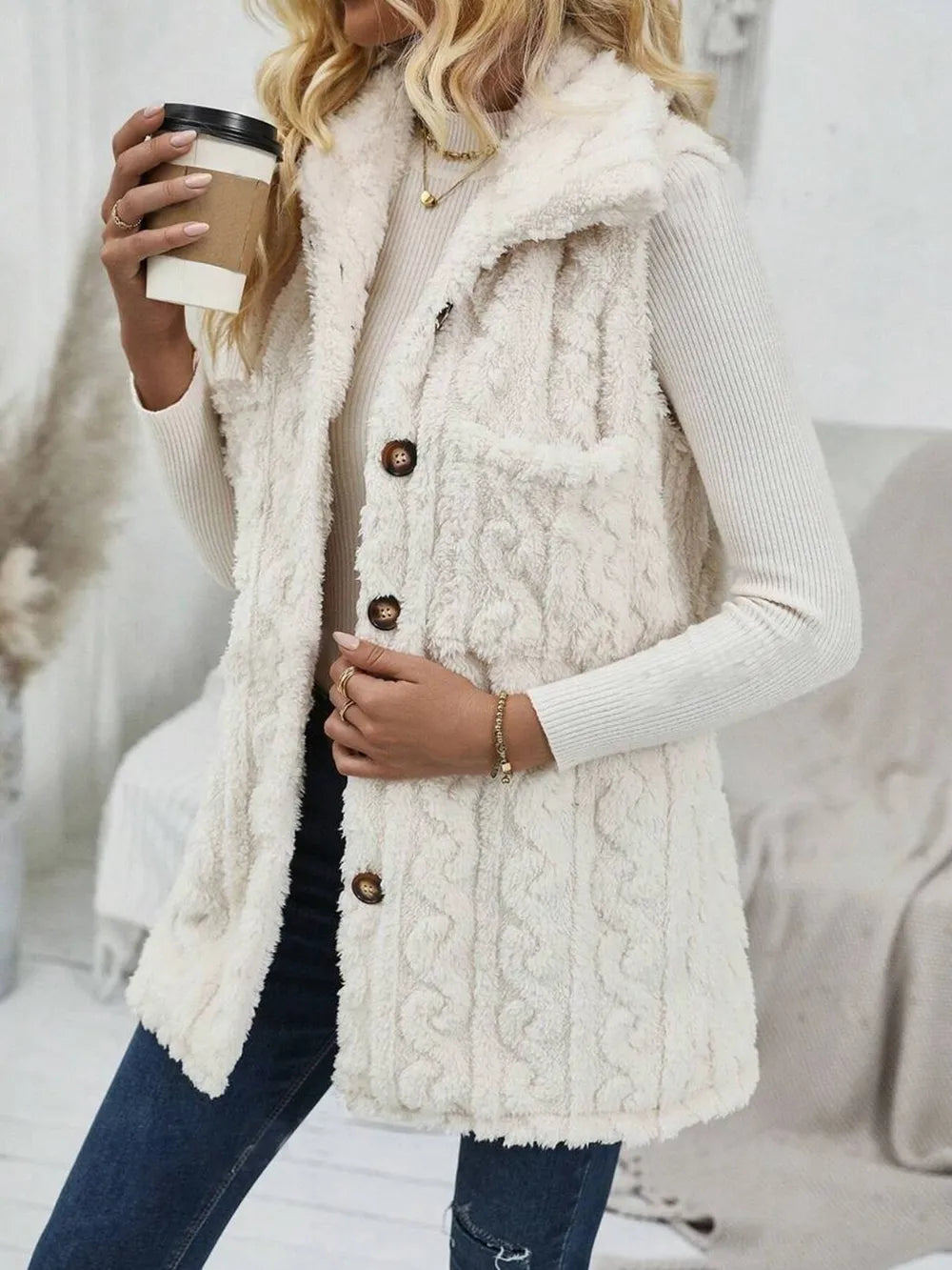 Fuzzy Button Up Vest Coat - LaTezza Online Shop